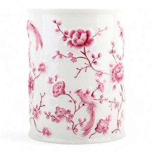Modern Pink Floral Design Ceramic Waste <b>Bin</b> Perfect for Bedroom Bathroom Dressing Area and Hotel Rooms From India - Product Image 1