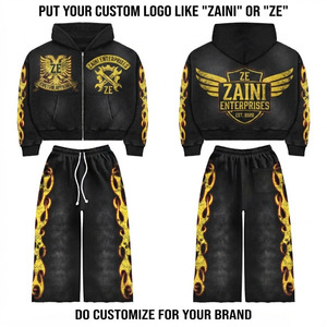Conjunto Deportivo para Hombre, 350 GSM, Felpa de Algodón Premium, Negro con Estampado Gráfico Dorado, Logotipo Personalizado, Sudadera con Cremallera Completa y Pantalones Jogger, Estilo Urbano - Product Image 1