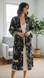 Manufacturer Wholesale Velvet Cotton Kimono Robe Jacket Short Party Coat <b>Cardigan</b> Lace Washable Bird Print - Product Image 4