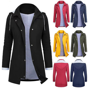 Chaqueta Impermeable con Capucha para Mujer, Roja, Azul Marino, Amarilla, Verde, Negra, Capucha Desmontable, Gabardina Larga, Cortavientos, Impermeable - Product Image 1
