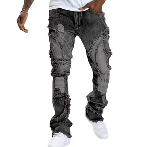 Vaqueros negros de mezclilla para hombre, estilo vintage, con efecto desgastado, flecos y rotos, de pierna recta, para invierno, estilo urbano informal. - Product Image 1
