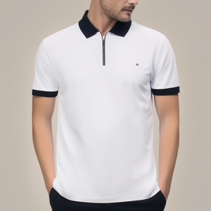 Men's <b>White</b> Short Sleeve Polo Shirt With Zipper Collar And Black Trim Casual Knitted Regular Fit Solid Color Breathable Design - Product Image 1