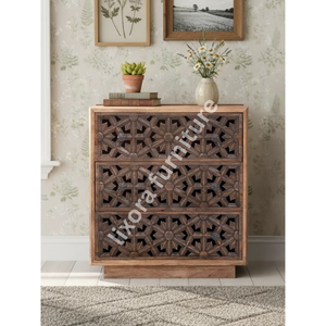 Luxury Handcrafted Solid Wood 3 Drawer Dresser Ornate Geometric Lattice Carving <b>Rustic</b> Teak Finish - Product Image 3