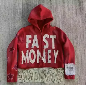 Sweat-shirt à capuche zippé en polaire imperméable et coupe-vent pour homme, style streetwear hiver, avec lettres appliquées, Fast Money Black - Product Image 4
