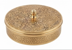 Boîte à épices ronde dorée de style antique avec couvercle à motif floral pour le rangement des épices et la présentation en cuisine - Product Image 3