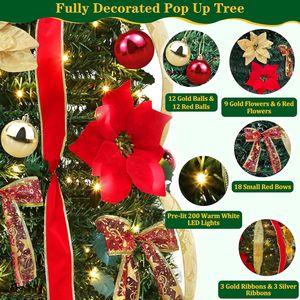 6 Ft Pre-Decorated Pop up Christmas Tree 200 Warm White LED <b>Lights</b> 8 Modes Timer for UL Plug-in 1 Minute <b>Pull</b> Collar - Product Image 5
