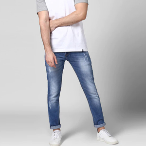 Jeans de mezclilla para hombre Arrival, corte ajustado, cintura media, personalizados OEM, con bolsillos delanteros y traseros, lavados, al por mayor, con logo, a la moda - Product Image 2