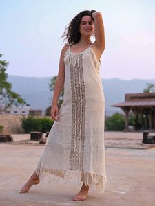 Handcrafted Women Cotton Linen Boho <b>Maxi</b> Dress with Shoulder Tie Straps Traditional Geometric Block Print Panel Dress For Women - Product Image 6