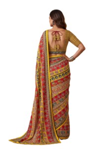 RN Traditional Indian Ethnic Digital Ajrak Print Elegant <b>Saree</b> Mirror Work for Women <b>Red</b> Yellow Floor Length Polyester Quick Dry - Product Image 5