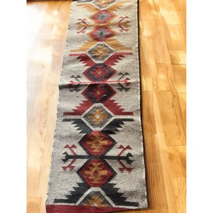 Geometric Pattern Stair <b>Runner</b> Rug Bohemian Style Flat Weave Wool Acrylic Non-Slip Rubber Backing Hallway Use - Product Image 2