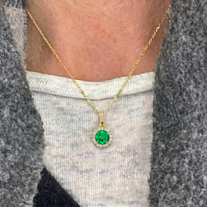 Halo Solitaire Charm <b>Pendant</b> Necklace Lab Grown <b>Emerald</b> Gemstone Genuine White Diamonds Cute Style Rhodium Plated Certified Gold - Product Image 1