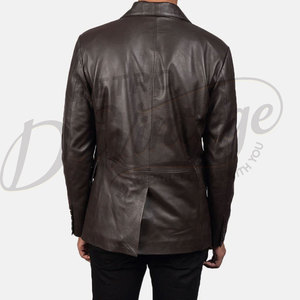 Blazer homme en cuir véritable marron foncé, coupe slim, deux boutons, veste de costume décontractée avec poche plaquée - Product Image 2