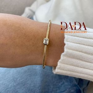 Brilliant Emerald Cut Lab Grown Diamond Solitaire Open <b>Bangle</b> Bracelet 14K Gold Rhodium Plated Classic Bezel <b>Set</b> Women's IGI - Product Image 1