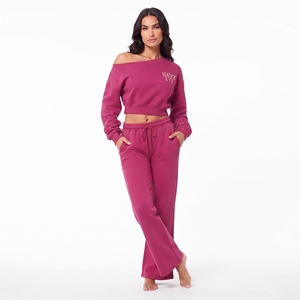 Women Slouchy Shoulder Cropped Hoodie Cotton Fleece Asymmetrical Style Full Sleeve Custom Logo <b>Wide</b> <b>Leg</b> Flared <b>Jogger</b> Two Piece - Product Image 1