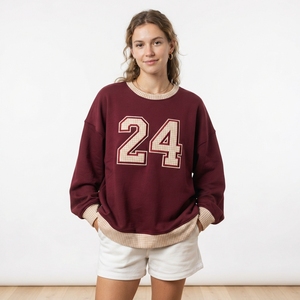 Sweat-shirt décontracté pour femme, coupe ample, couleur bordeaux, avec appliqué numéro 24, poignets à carreaux, col rond, manches longues, vêtements décontractés d'automne - Product Image 1
