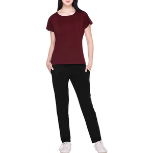 Women's Maroon Short Sleeve Crew Neck T-Shirt With Black Full Length <b>Pants</b> Side Pockets Elastic Waist Casual Wear - Product Image 1