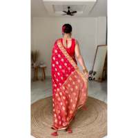Peluncuran Baru STYLE DE MAISON Saree/Sari India/Pakistan untuk Wanita Dewasa Pakaian Pesta Tradisional Sutra Merah Anti Kusut Panjang Menyentuh Lantai