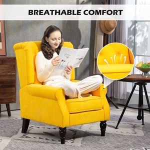 Poltrona Gialla con Schienale Alto per Soggiorno, Divano Trapuntato con Braccioli Rotondi e Gambe in Legno - Product Image 6