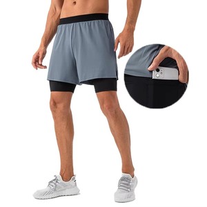 Men's Quick Dry Sport Shorts With Pockets Elastic Waist Solid Color Gray Spandex Polyester Knitted <b>Mid</b> Length Short Shorts OEM - Product Image 5