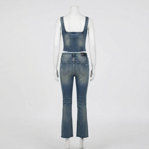Women Blue Denim Crop <b>Top</b> And Flare Jeans Set Sleeveless Two Piece Casual Streetwear Matching Outfit Vintage Fashion - Product Image 4