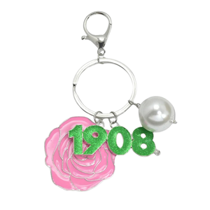 Ensemble de porte-clés AKA en argent avec fleur rose perlée et breloque verte 1908 Alpha Kappa Alpha, breloque de sac à main, cadeau rose et vert - Product Image 1