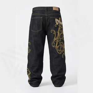 Straight-Leg Dark Wash <b>Denim</b> Jeans Men High Waist Regular Fit Cotton Embroidery Streetwear Autumn Style Pants - Product Image 2