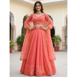 <b>Peach</b> Embroidered Georgette Festival Lehenga Choli for Women - Product Image 5