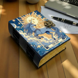 Diario de unicornio de cuero genuino de 400 páginas, hecho a mano, con papel de borde deshilachado, diseño religioso, wiccano, pagano, sol, magia y flores. - Product Image 5