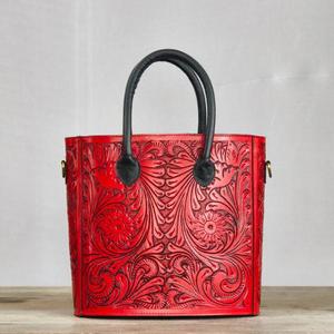 Vintage Red Genuine Leather <b>Shoulder</b> Bag With Floral Embossing Two Handles Crossbody <b>Strap</b> All Seasons Daily Use - Product Image 2