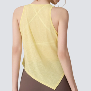 Custom Lightweight Breathable Crew Neck Irregular <b>Asymmetric</b> <b>Hem</b> Side Adjustable Drawstring Women Tank <b>Top</b> for Sports - Product Image 2