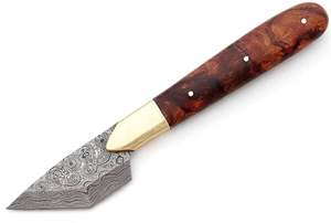 Handcrafted Raindrop Damascus Steel Precision <b>Craft</b> Utility <b>Knife</b> Burl Wood Handle Brass Bolster Leather Sheath - Product Image 3
