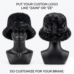 Luxury 320 GSM Plush Faux Fur Polyester Black 6 Panel Casual Bucket <b>Hat</b> Custom Woven Label 3D Embroidery OEM <b>Cap</b> - Product Image 1