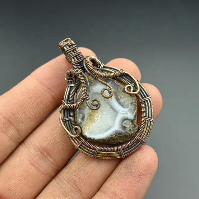 Ocean Jasper kawat tembaga dibungkus batu permata asli indah buatan tangan mode perhiasan hadiah untuk ibu