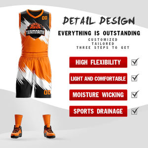 Ensemble de maillots de basket-ball sublimés personnalisés, orange, noir, blanc, col en V, sans manches, séchage rapide, uniforme d'équipe unisexe pour adultes avec logo - Product Image 4