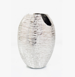 Handmade Textured Silver Metal Oval <b>Vase</b> Modern Decorative Vessel <b>Unique</b> Offset Opening Living Room Centerpiece Accent - Product Image 3