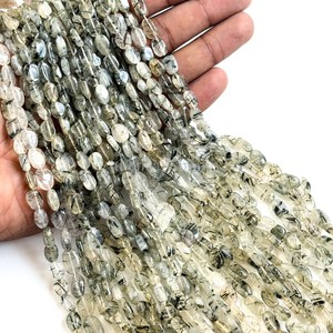 Natural Black Rutilated Quartz <b>Beads</b> Smooth Oval 7x10mm Black Rutile Gemstone <b>Beads</b> For Jewelry Making Crafts Wholesale Loose - Product Image 1