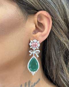 Luxury Green Pear <b>Moissanite</b> Diamond Drop <b>Earrings</b> Pink Cushion <b>Moissanite</b> Bow Design 10K 14K 18K Gold 925 935 Silver - Product Image 2