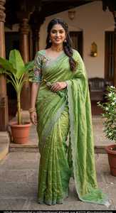 Sari en soie pure Fendi, sari en soie Siroshi avec broderie diamant, sari en soie Space Silk, blouse brodée Maggam, sari en soie résille richement brodé pour mariage - Product Image 5