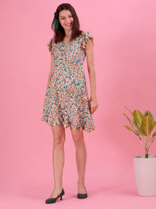 Vestido Midi Holgado con Estampado Floral Blanco, Cuello en V, Sin Mangas, Cintura Natural, Dobladillo Acampanado, Tela Crepé, Ecológico y Transpirable para Mujer - Product Image 3