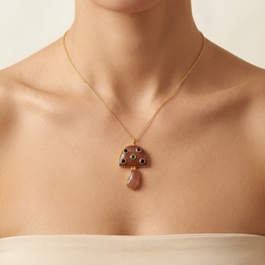 Natural Stone Cherry Quartz Mushroom Pendant <b>with</b> Tiny Cubic Zircon Inlaid 18k Gold Plated Brass Chain Women Jewelry Necklace - Product Image 3