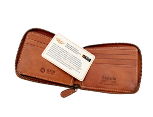 Portefeuille pour homme en cuir italien Vacchetta Castello avec fermeture éclair, porte-cartes d'identité RFID, haute qualité, embossé, marron, court, polyester, faible MOQ - Product Image 6