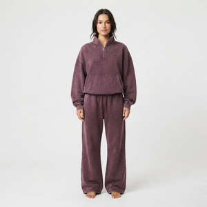 Custom <b>Women</b> Acid Wash Tracksuit Set Oversized Quarter Zip Sweatshirt And <b>Sweatpants</b> Two Piece Outfit OEM ODM Manufacture - Product Image 1