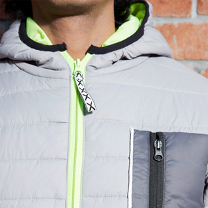 Men's Grey Hooded Puffer Jacket With Neon Green Zipper Windproof Casual Autumn Wear Slim Fit Polyester <b>Wadding</b> Regular Length - Product Image 4