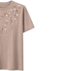 Camiseta de Mujer Color Beige Taupe Personalizada con Bordado Floral, Cuello Redondo, Algodón Suave, Manga Corta, Informal, Ligera, para Verano - Product Image 3
