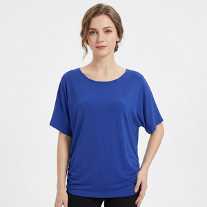 Camiseta de chifón azul oversize personalizable para mujer con manga murciélago, fruncido, hombro caído, cuello redondo, ajuste holgado, transpirable, primavera-verano - Product Image 2