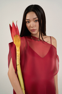 Women's <b>Red</b> <b>Silk</b> Organza Dress, Asymmetrical Shoulder, Voile, Loose Straight Fit, Elegant Minimalist Casual Style - Product Image 6