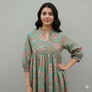 Robe maxi en coton 100% imprimée à la main, style bohème, col en V, manches bouffantes, robe d'été décontractée pour femmes - Product Image 3