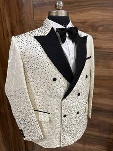 Luxury White Double Breasted Groom Tuxedo Suit with Black <b>Shawl</b> Lapel Premium Rhinestone <b>Wedding</b> Blazer for Men - Product Image 5