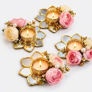Golden Floral Tea <b>Light</b> Holder with Pink <b>Roses</b> and Mirrored Petals for Wedding Home Decoration - Product Image 4