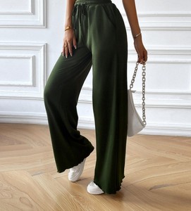 Pantalon droit décontracté en toile pour femme, taille élastique, couleur unie, style automne, avec lacets et poches - Product Image 5